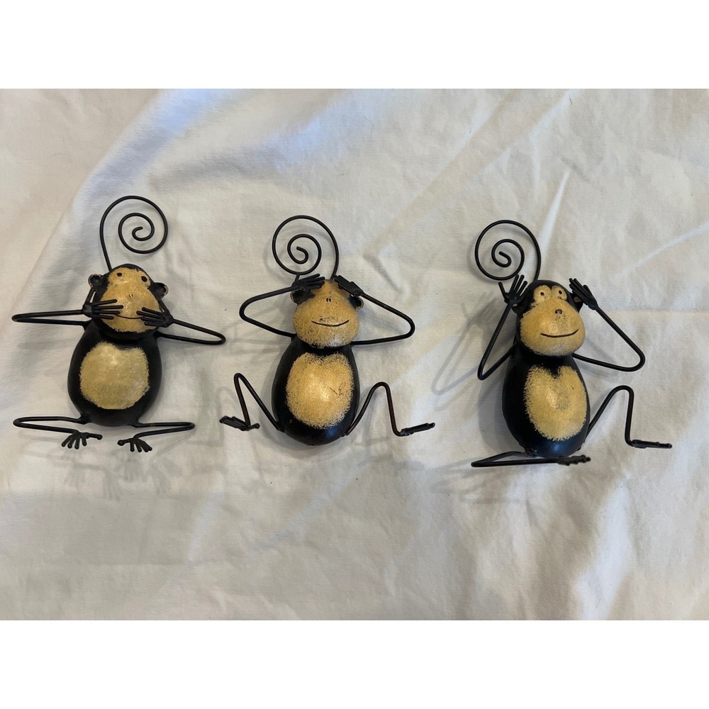 3 Wise Monkeys Metal Figurine Set Hear See Speak No Evil Black Gold Folk Art